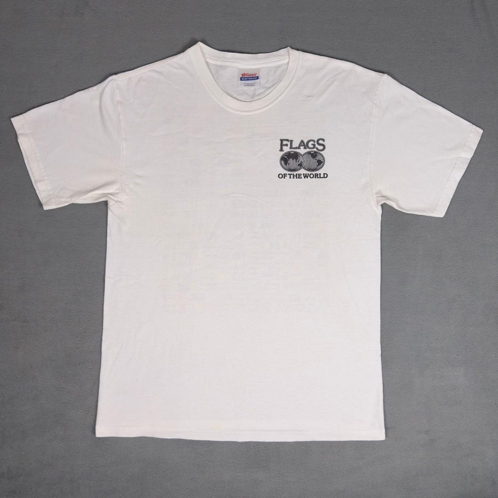 Vintage Y2K Flags of the World Graphic T-Shirt White All Over Back Print Mens M